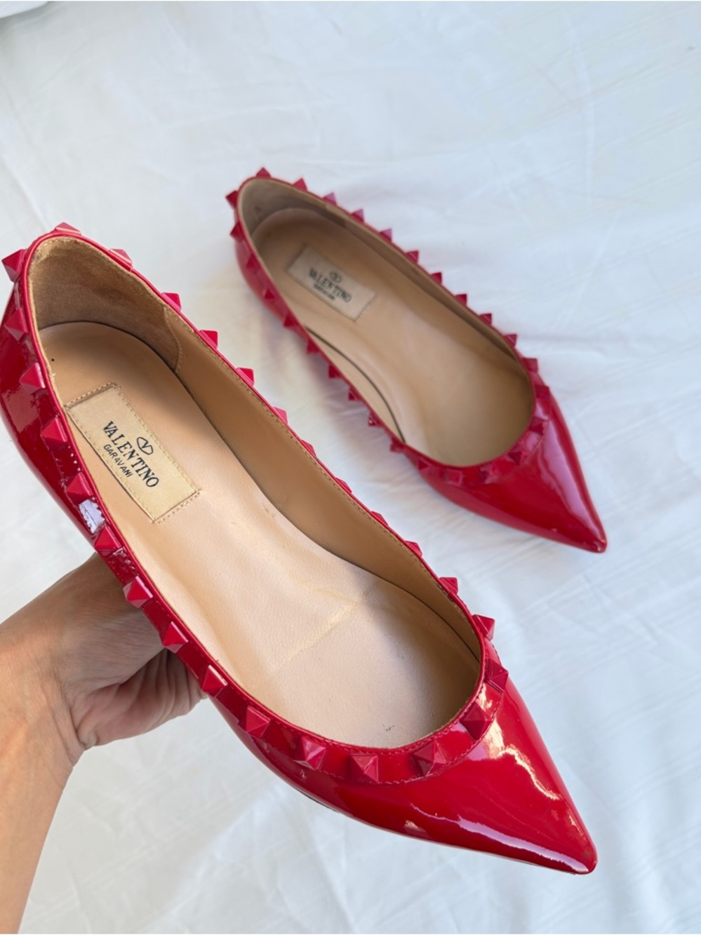 Valentino Garavani Rockstud Patent Leather Pointed Flats in Red-slip on ballet